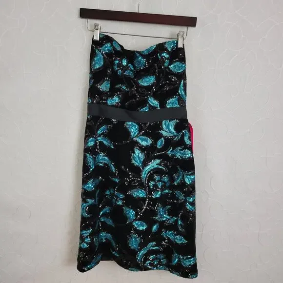 Sam Edelman | Dresses | Sam Edelman Cocktail Dress Womens 4 Black Velvet  Teal Sequin Floral Strapless | Poshmark